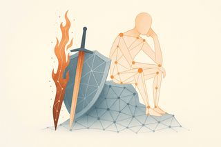 A conceptual illustration of a belief system represented as a human-shaped semantic graph. In its left hand, it holds a shield made of crystalline ice structures—rigid, geometric, and static in cool blues and grays. In its right hand, it wields a sword of fire—chaotic, swirling, and dynamic, made of scattered data points and network fragments in warm oranges and reds. The composition is balanced, symbolizing equilibrium between rigidity and chaos. The style is minimalist, modern, and thoughtful, with a clean muted palette and no text.
